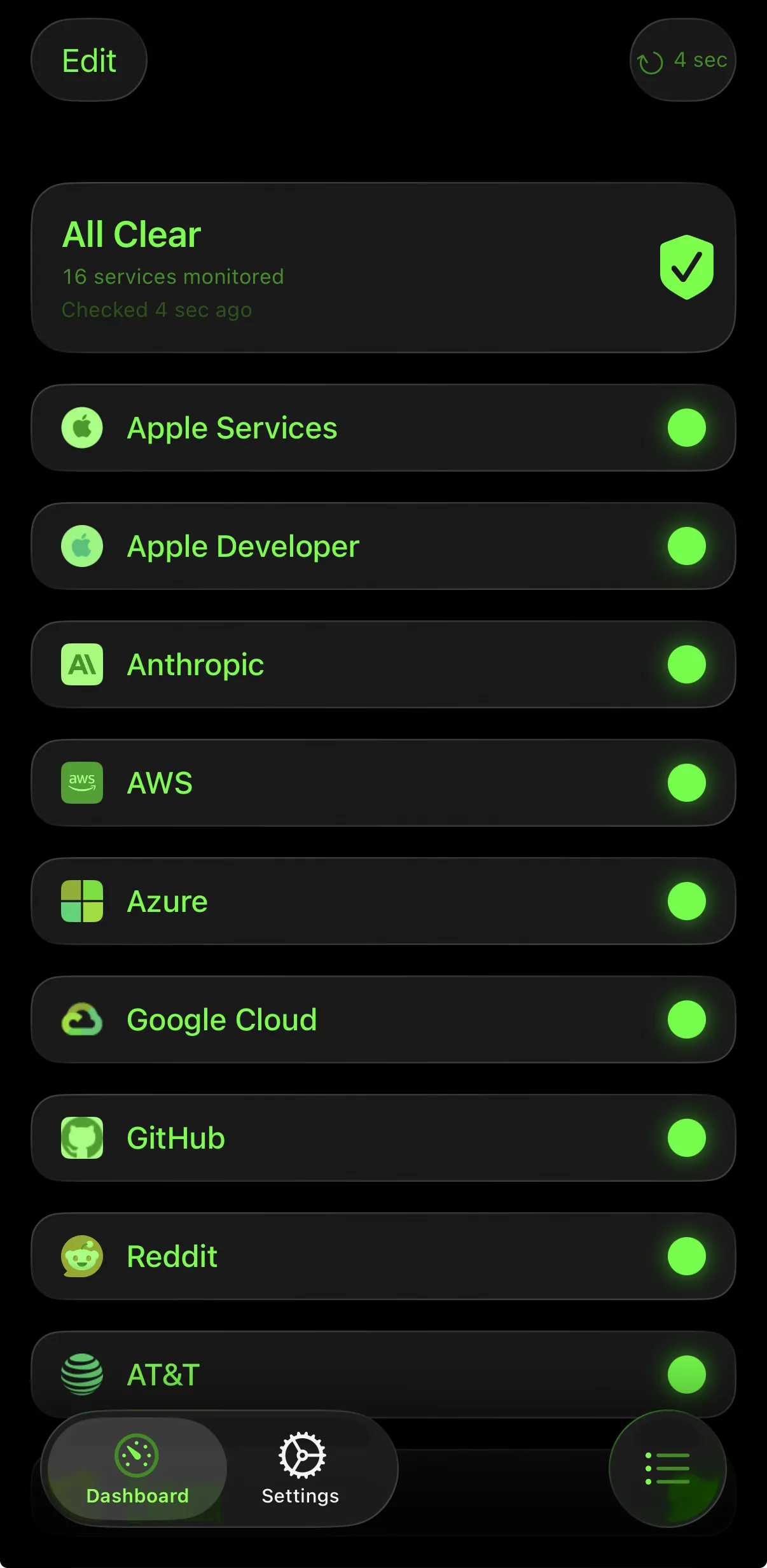 Дашборд Vultyr со статусом «Всё работает» и сервисами AWS, GitHub и Slack под мониторингом