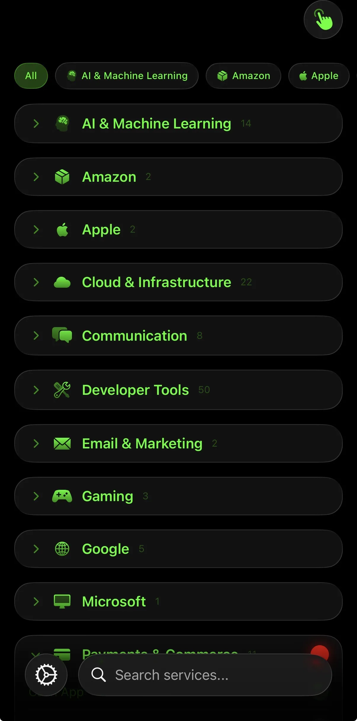 Браузер сервисов Vultyr с 16 категориями, включая Cloud, Dev Tools и AI