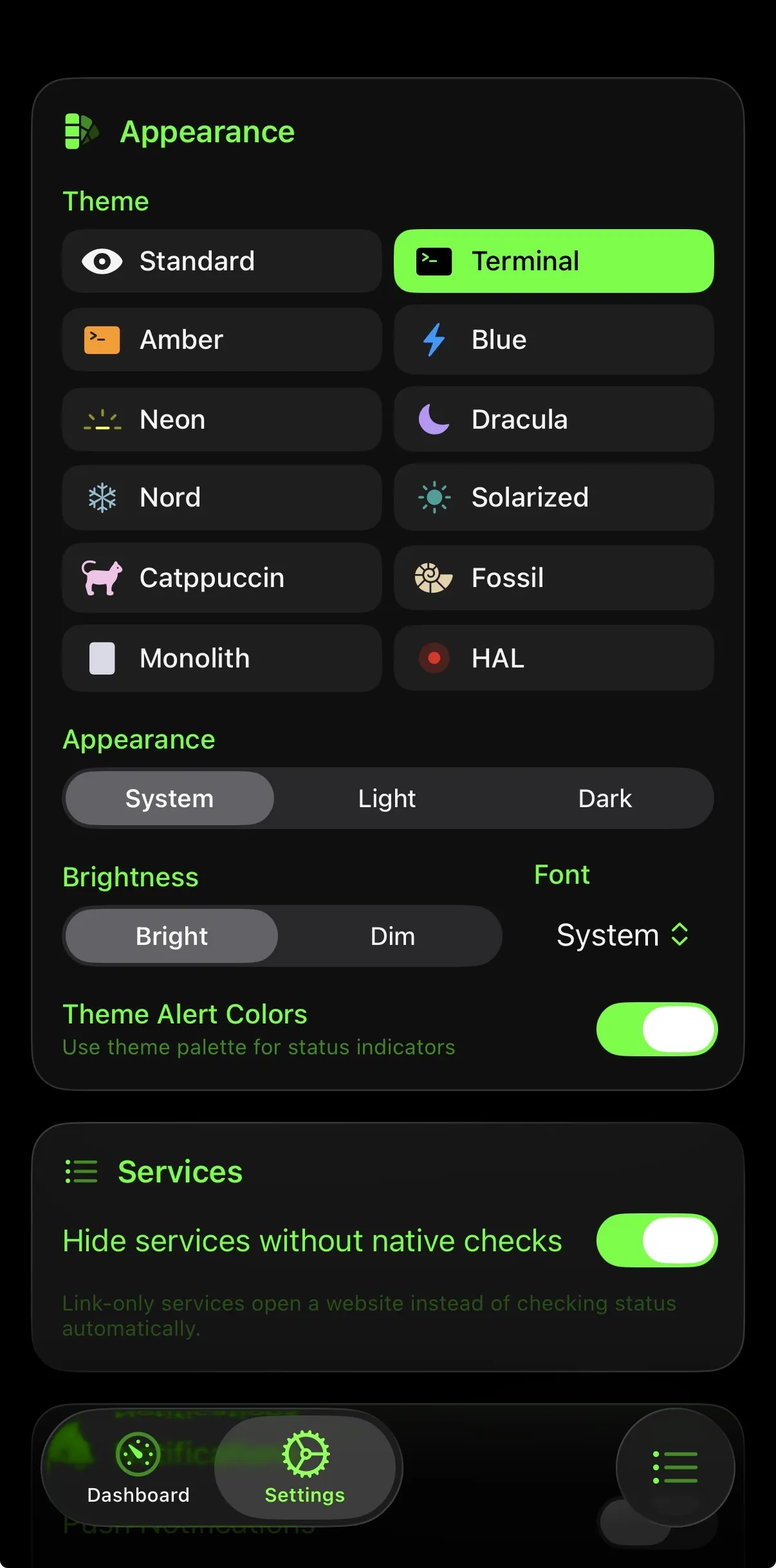 Настройки оформления Vultyr с 12 темами, включая Terminal, Amber, Dracula и Nord